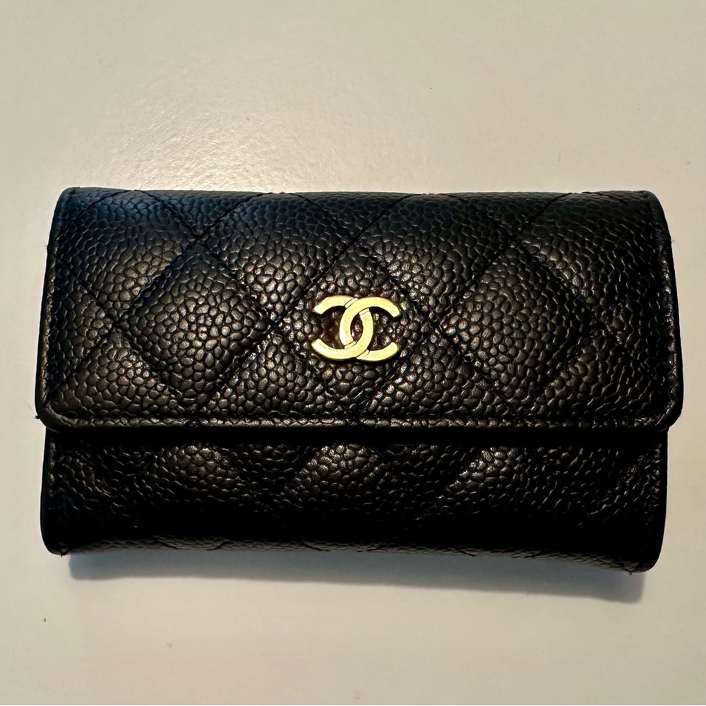 CHANEL Authentic Caviar Card Holder Flap Wallet Black Gold w/ Box & Card & D.Bag